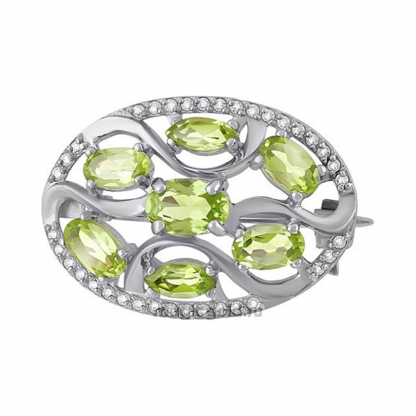 Серебряная брошь с хризолитом и фианитом № 137363