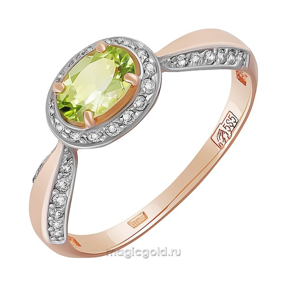 Золотое кольцо с хризолитом и фианитом № 158820