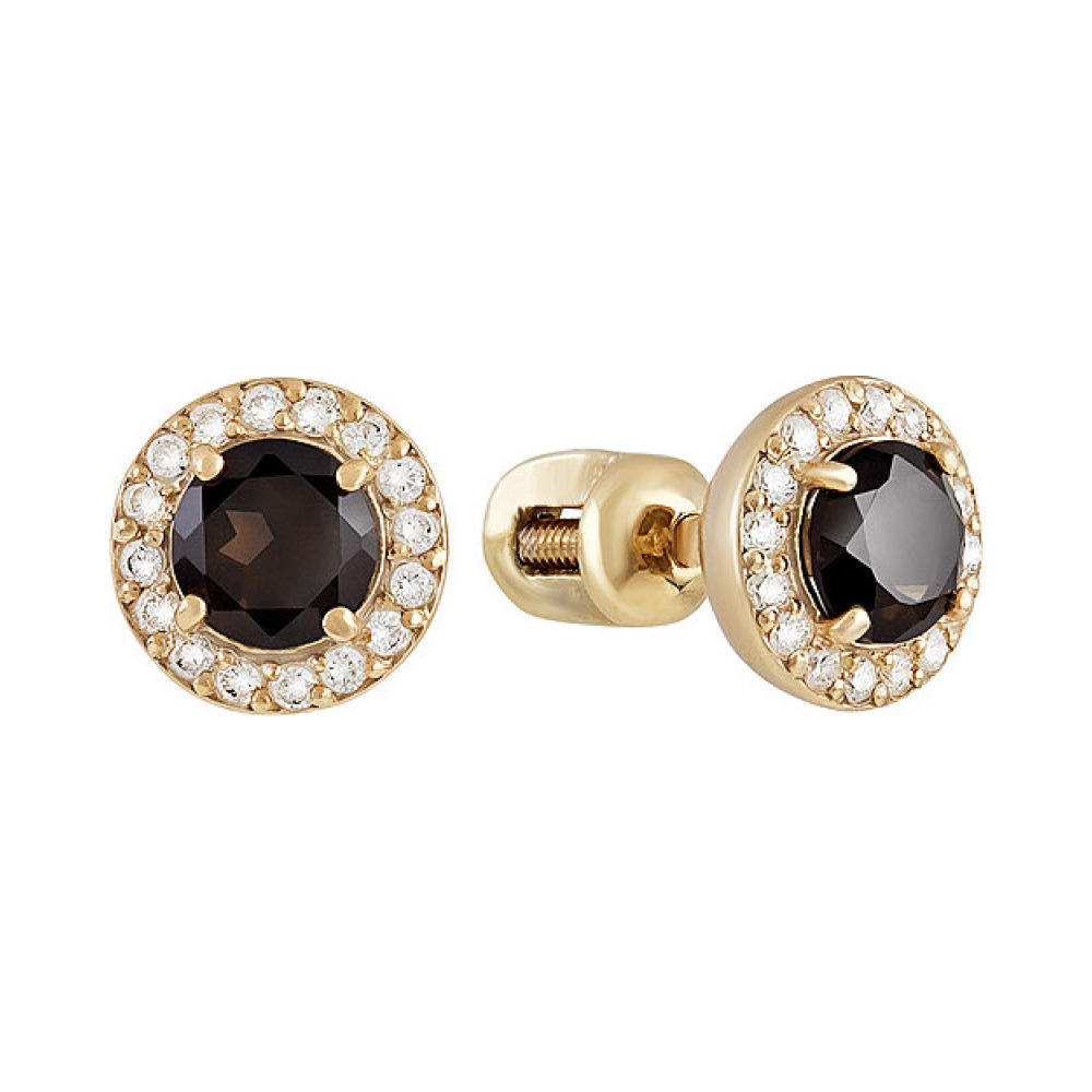 Пуссеты с раухтопазом, фианитом и золотым покрытием № 133054