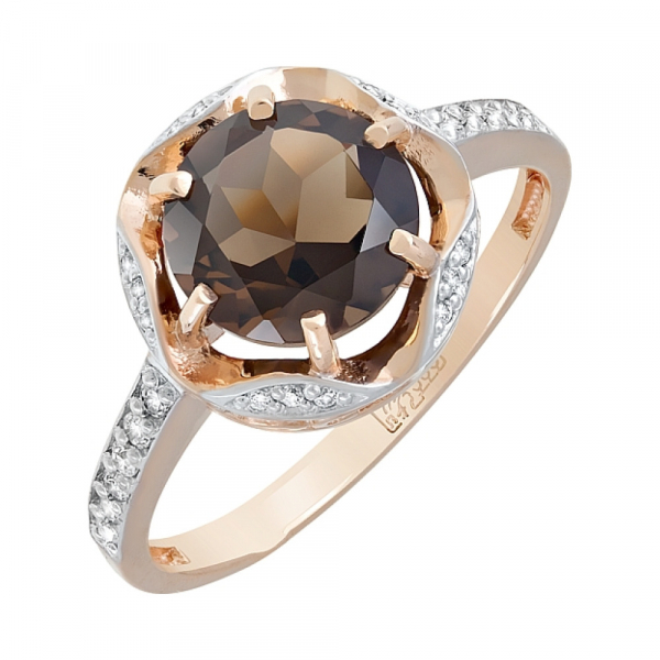 Золотое кольцо с раухтопазом и фианитом № 119702