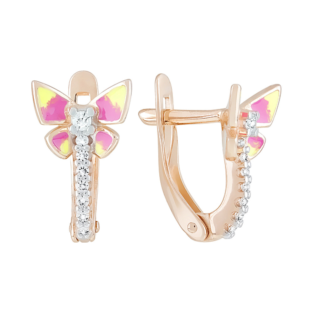 Золотые серьги с фианитами и эмалью № 121967