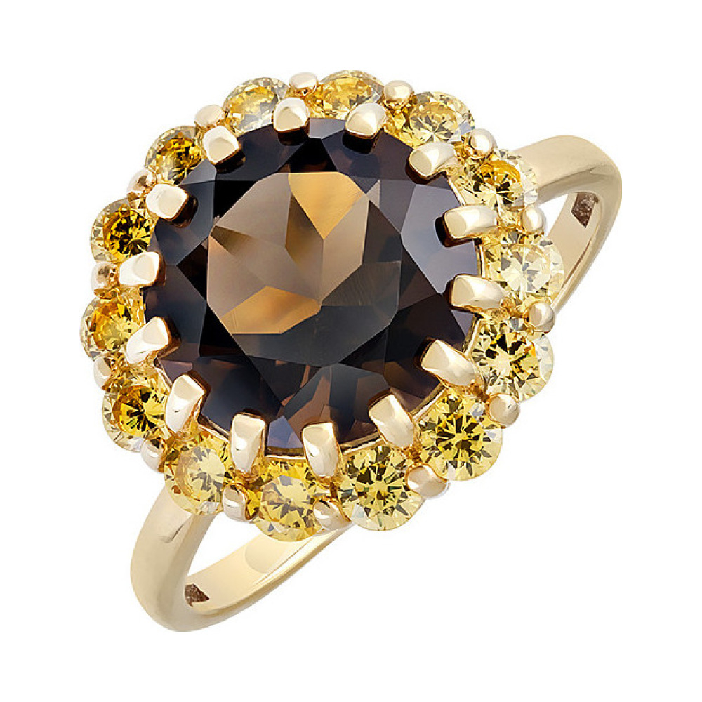 Серебряное кольцо с раухтопазом , фианитом и золот.покрытием № 132720