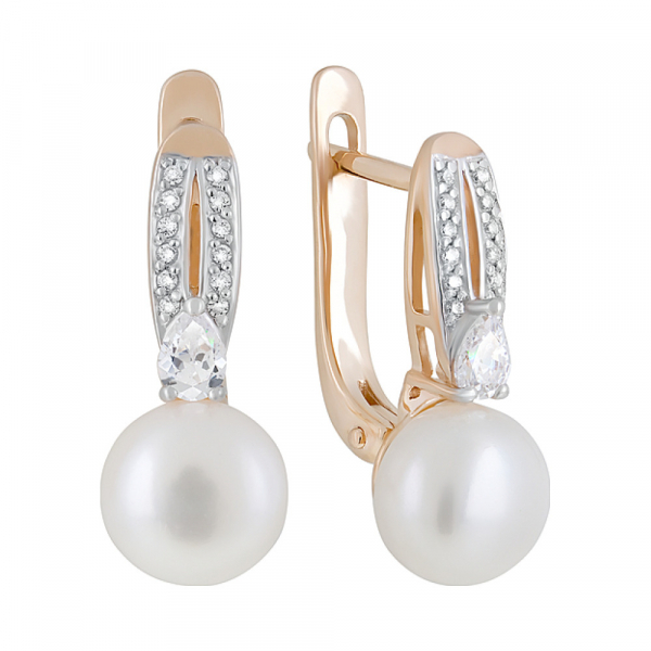 Золотые серьги с жемчугом и фианитом № 124619