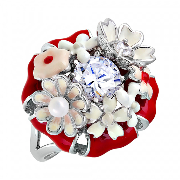 Серебряное кольцо с имитацией жемчуга и фианитом № 106208