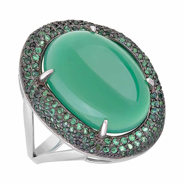 Серебряное кольцо с зелёным ониксом и фианитом № 128053