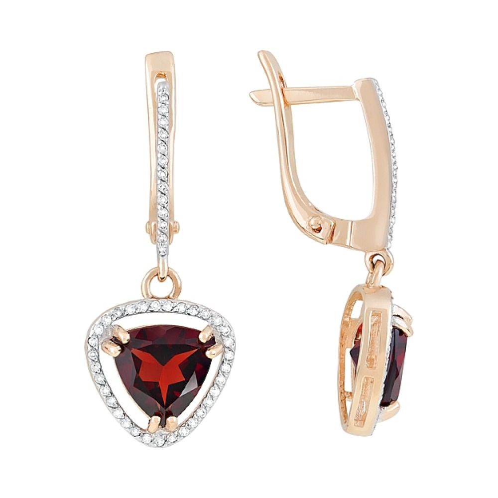 Золотые серьги с гранатом и фианитом № 119985