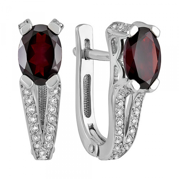 Серебряные серьги с гранатом и фианитом № 132779