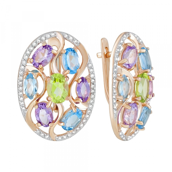 Золотые серьги с полудрагоценными  вставками и фианитом № 120450