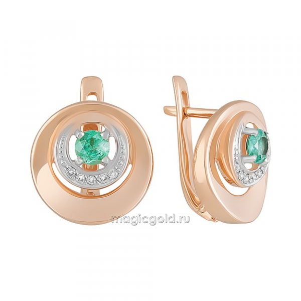 Золотые серьги с бриллиантом и изумрудом № 160640