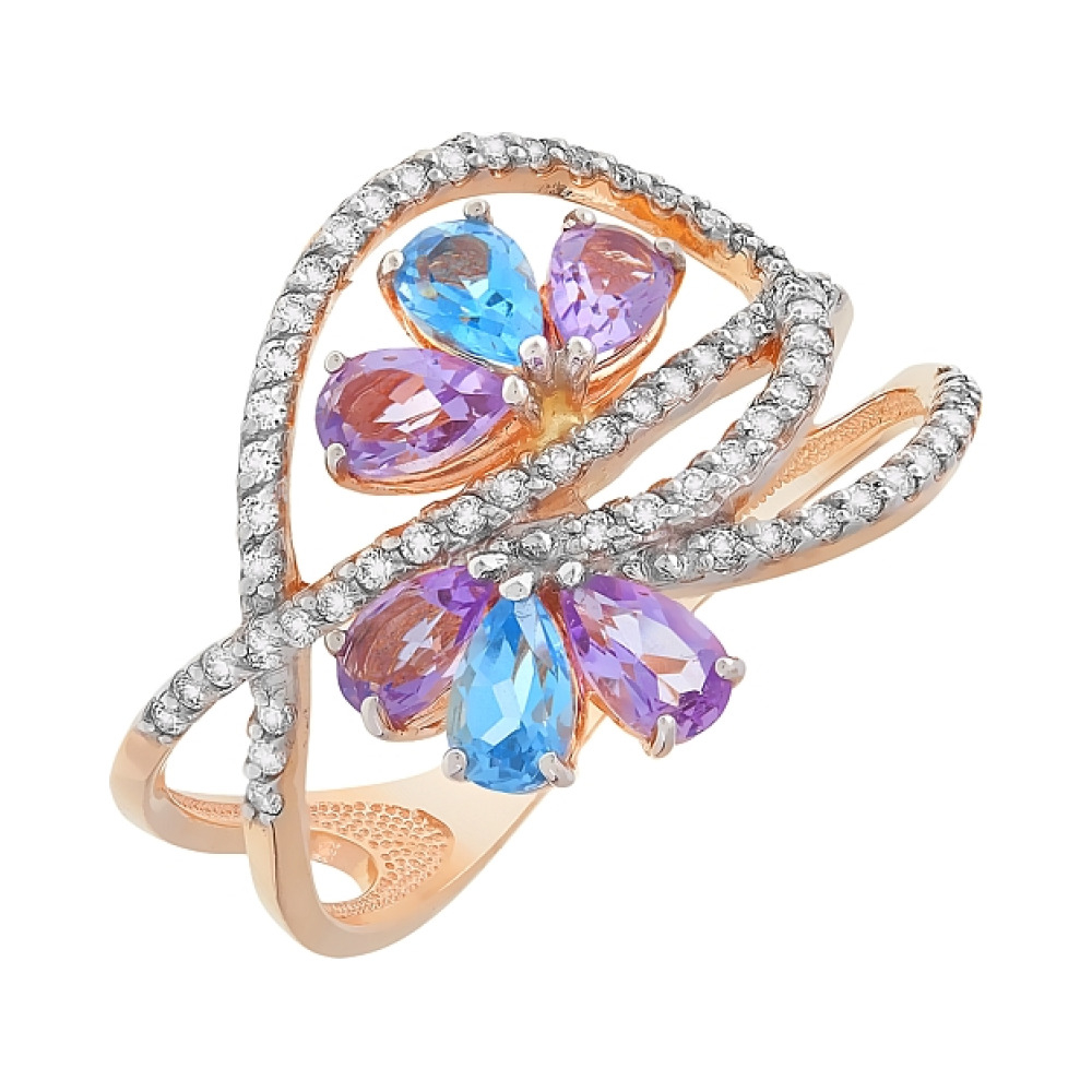Золотое кольцо с аметистом, топазом и фианитом № 112558