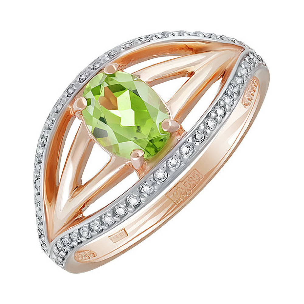 Золотое кольцо с хризолитом и фианитом № 134841