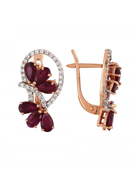 Золотые серьги с рубином и фианитом № 96400