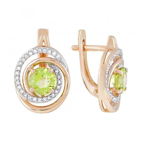 Золотые серьги с хризолитом и фианитом № 119398