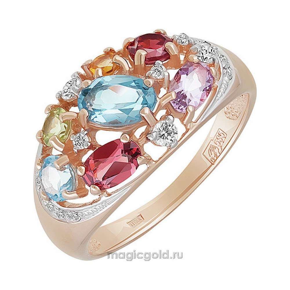 Золотое кольцо с полудрагоценными вставками и фианитом № 141813