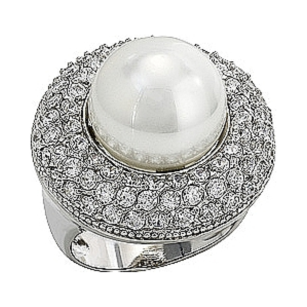 Серебряное кольцо с имитацией жемчуга и фианитом № 80911