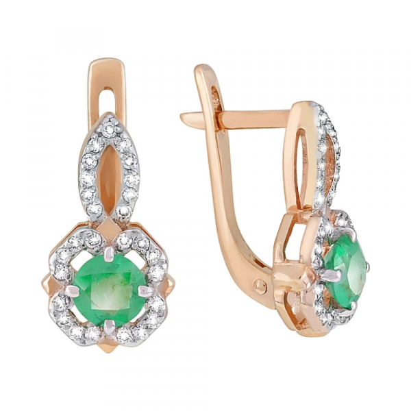 Золотые серьги с бриллиантом и изумрудом № 119190