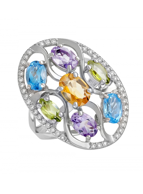 Серебряное кольцо с полудрагоценными вставками и фианитом № 131461