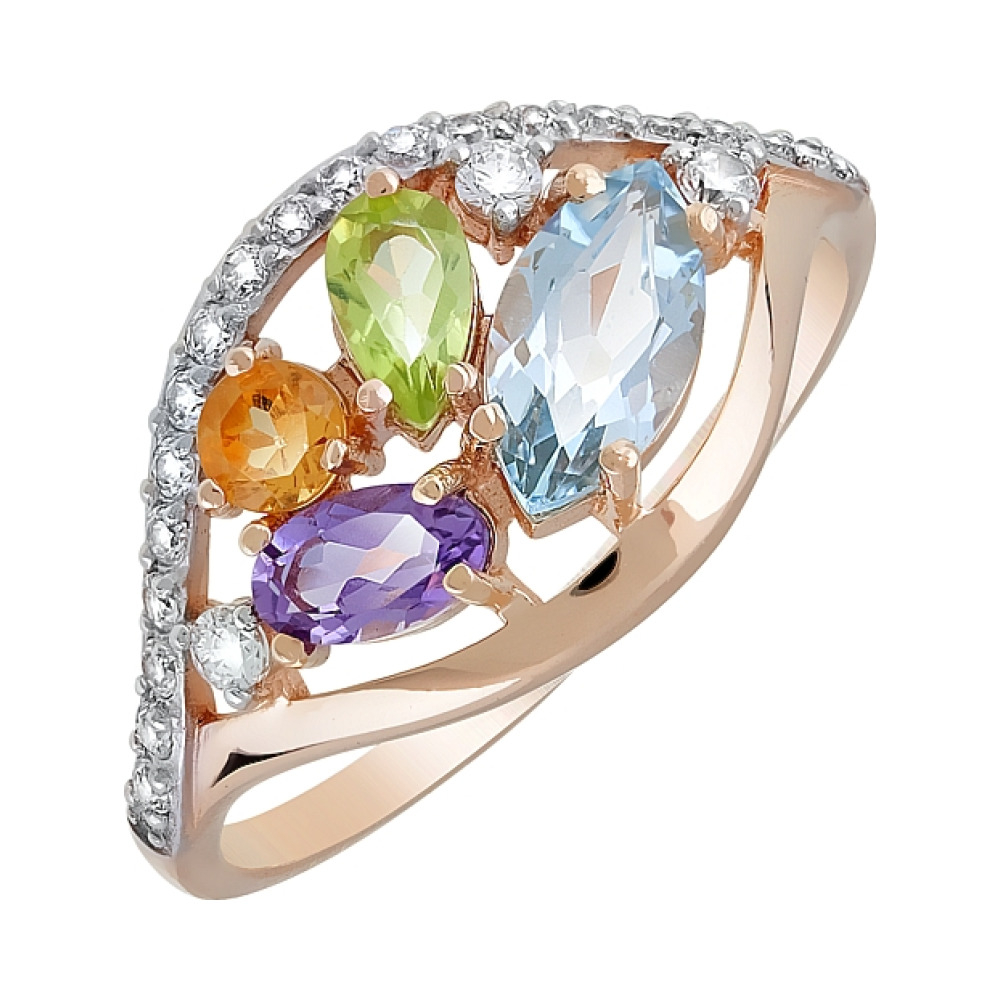 Золотое кольцо с полудрагоценными вставками и фианитом № 120923