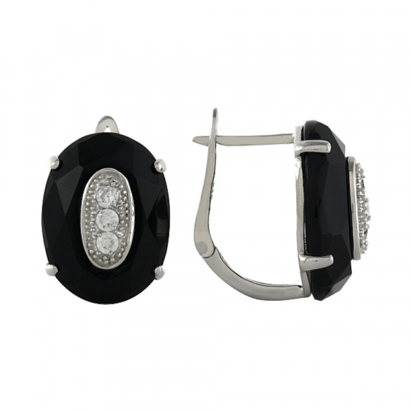 Серебряные серьги с имитац. оникса и фианитами № 99497