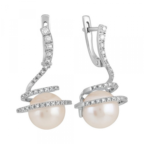 Серебряные серьги с жемчугом и фианитом № 131587
