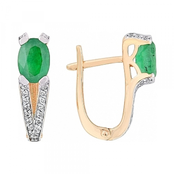 Золотые серьги с бриллиантом и изумрудом № 115594