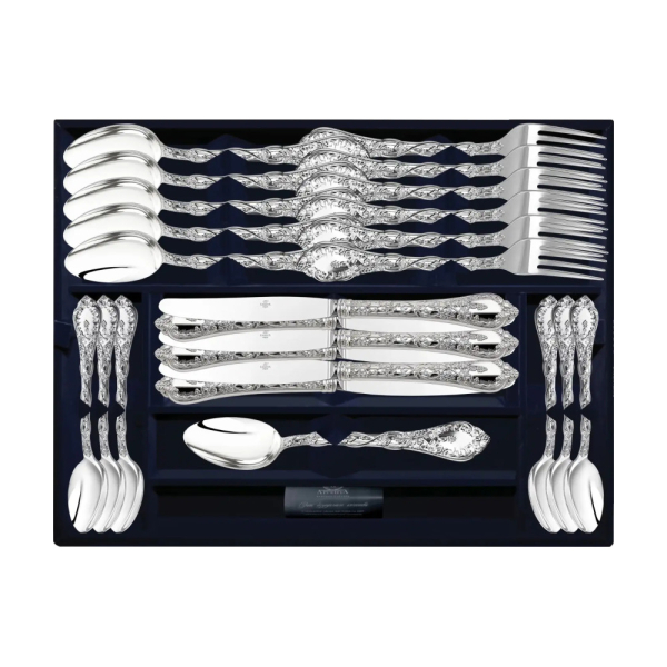 Набор столовый Виноградная лоза на 6 персон - вилка, ложка, нож, чайная ложка. из серебра 925 пробы