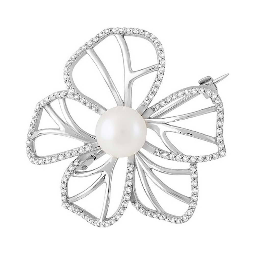 Серебряная брошь с жемчугом и фианитом № 129221