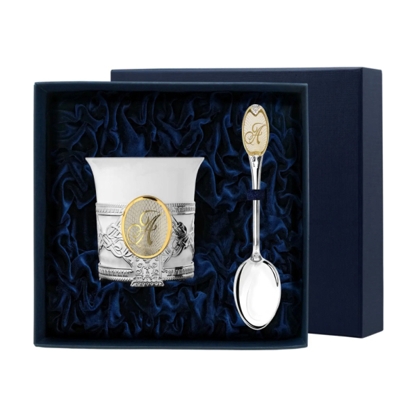 Набор кофейная чашка Август Октавиан: ложка с буквой А, чашка из серебра 925 пробы