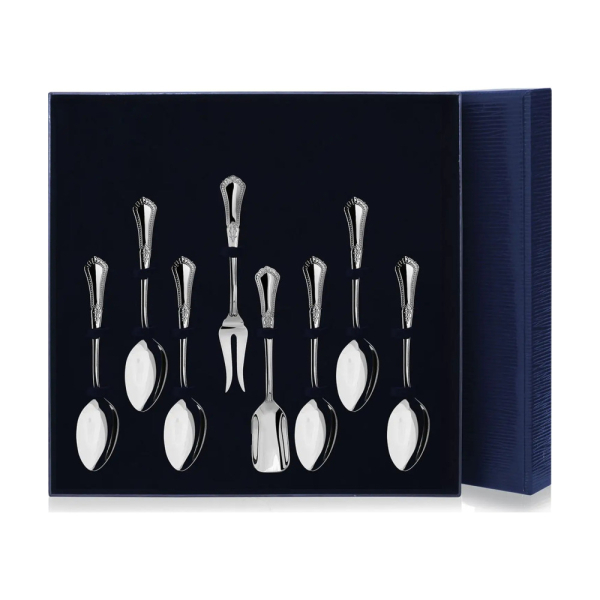 Набор чайный Фаворит 8 предметов: ложка чайная, вилка для лимона, совок для сахара в футляре из серебра 925 пробы