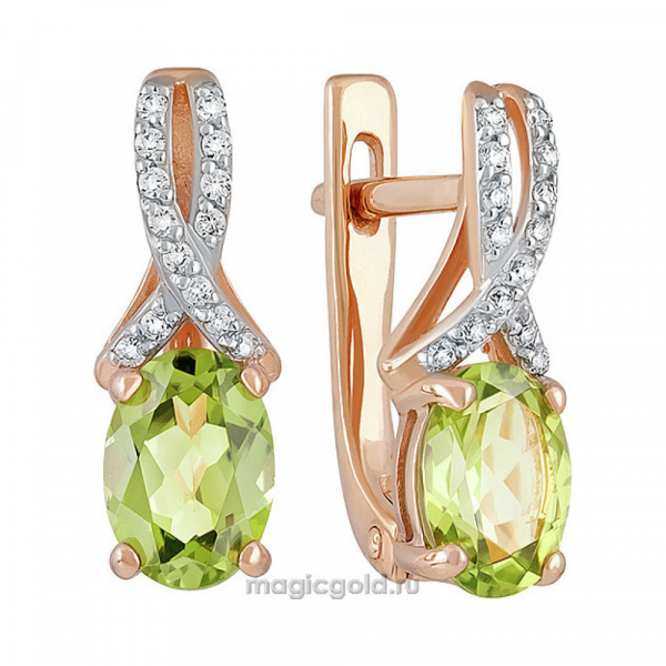 Золотые серьги с хризолитом и фианитом № 139810