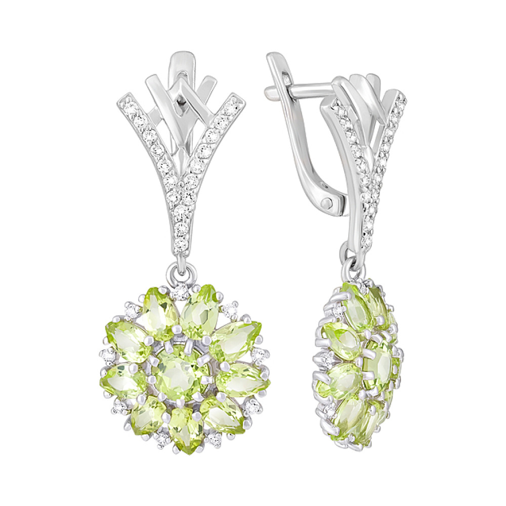 Серебряные серьги с хризолитом и фианитом № 123281