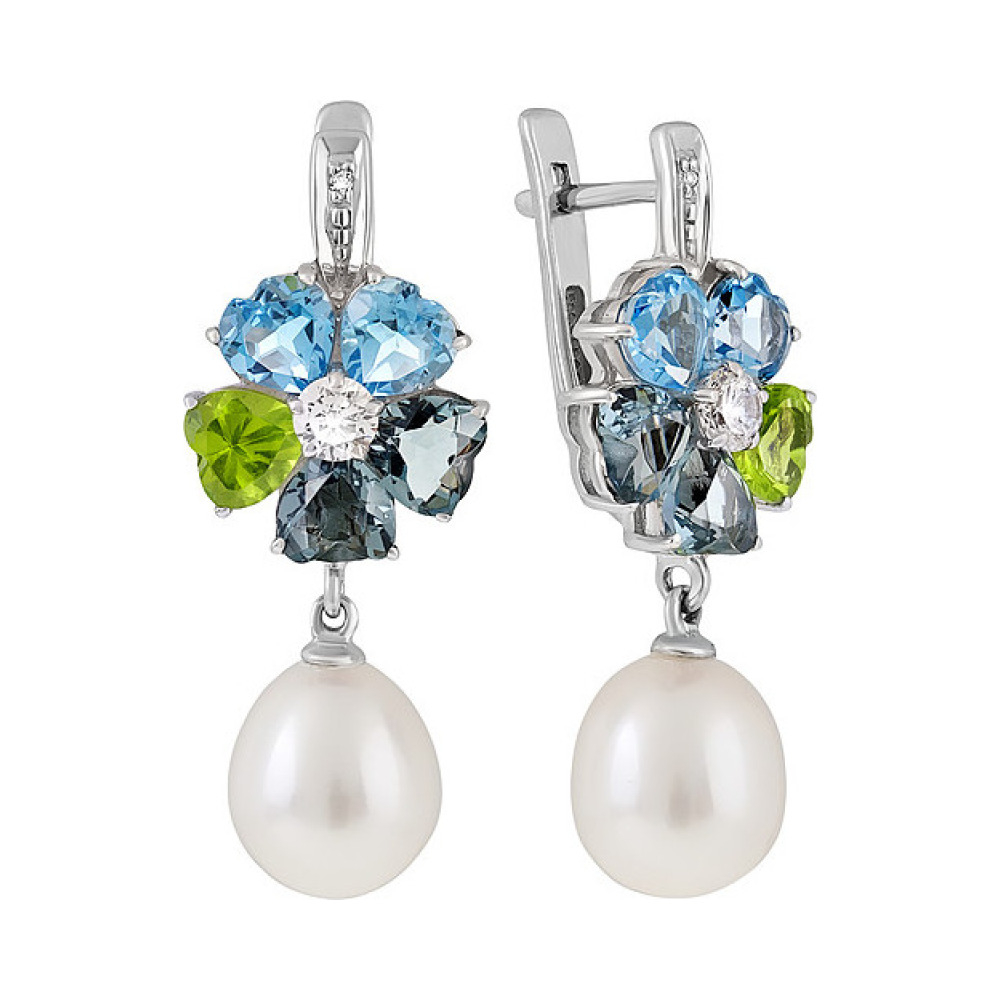 Серебряные серьги с топазом,жемчугом,алпанитом и фианитом № 133572