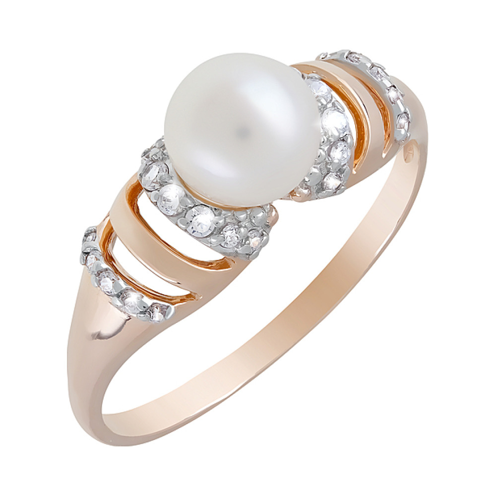 Золотое кольцо с жемчугом и фианитом № 122244