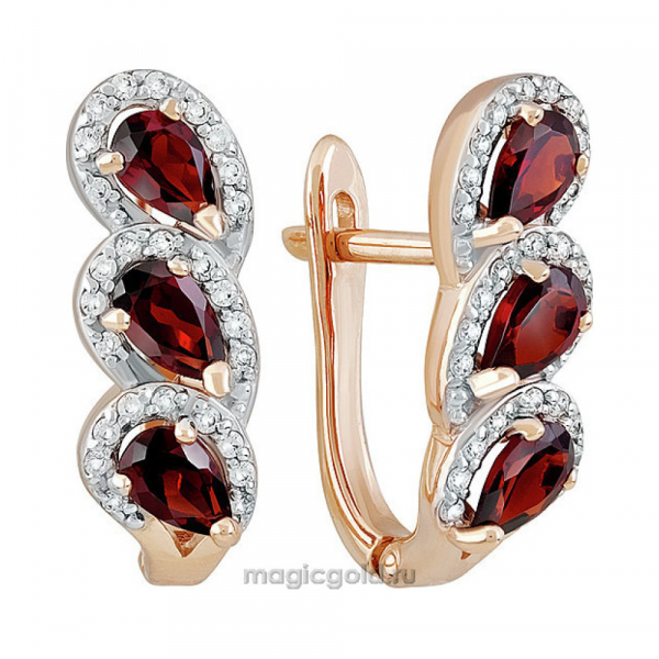 Золотые серьги с гранатом и фианитом № 141382