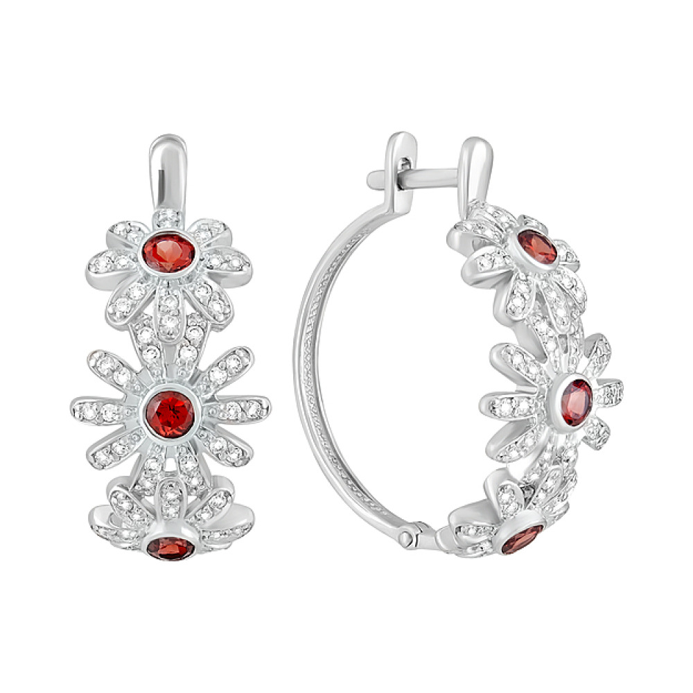 Серебряные серьги с гранатом и фианитом № 124659