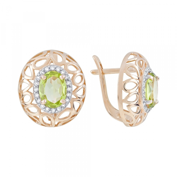 Золотые серьги с хризолитом и фианитом № 120015