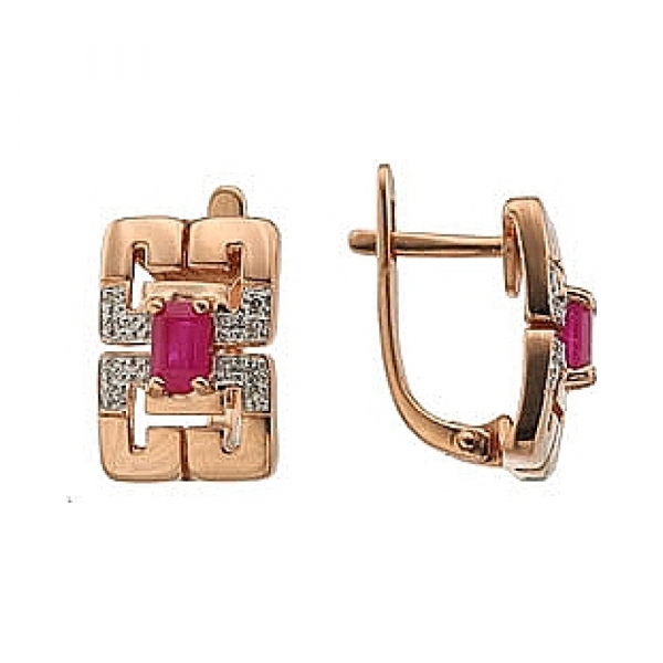 Золотые серьги с бриллиантом и рубином № 64416