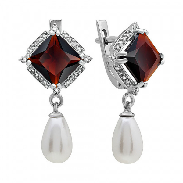 Серебряные серьги с алпанитом, перламутровым жемчугом и фианитом  № 134558