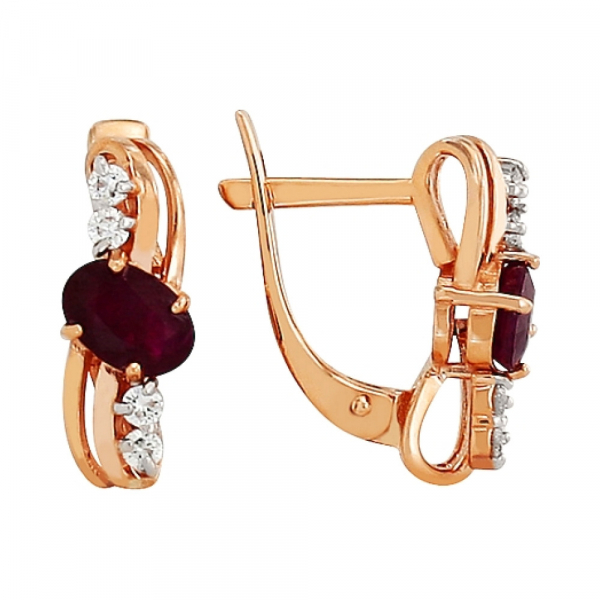 Золотые серьги с бриллиантом и рубином № 84674