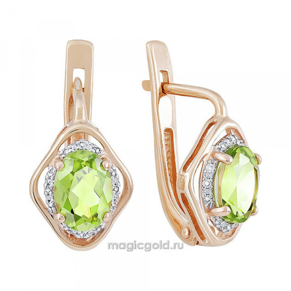 Золотые серьги с хризолитом и фианитом № 141399