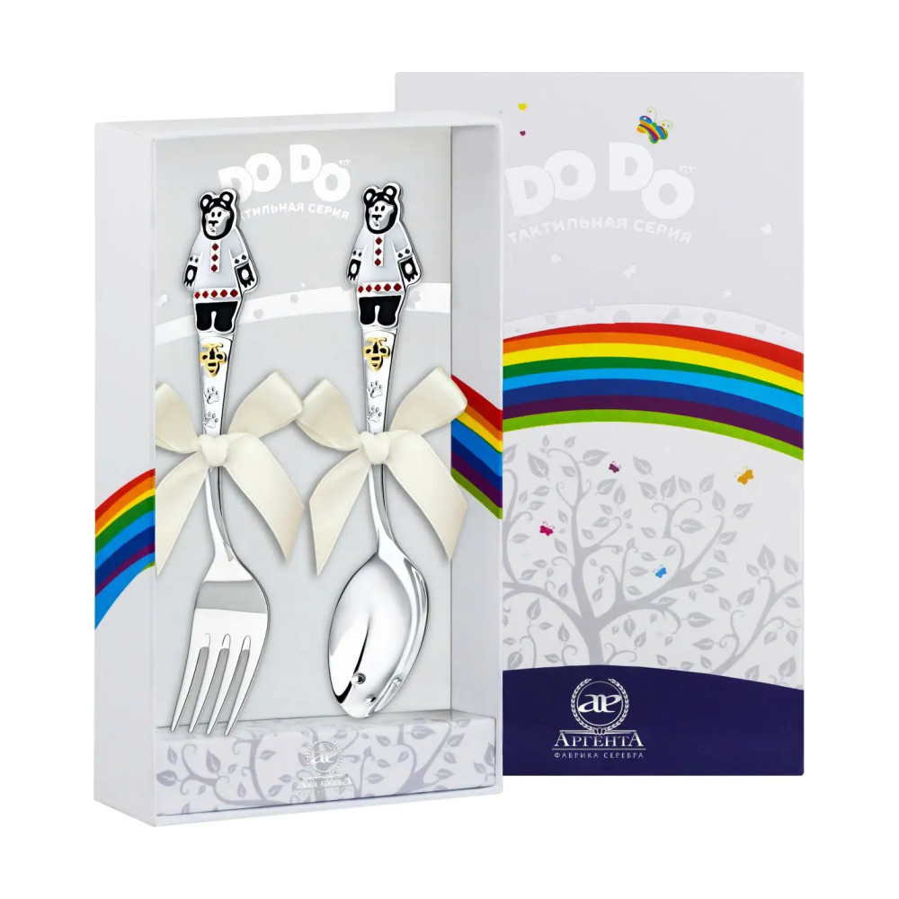 Набор детский DODO Миша с позолотой и с эмалью: вилка и ложка из серебра 925 пробы