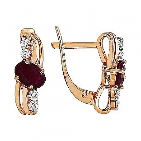 Золотые серьги с бриллиантом и рубином № 96928