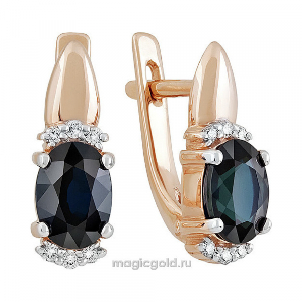 Золотые серьги с бриллиантом и сапфиром № 140260