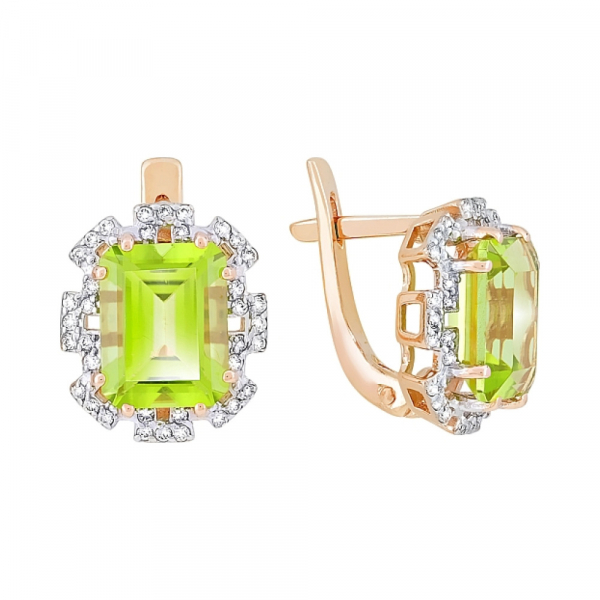 Золотые серьги с хризолитом и фианитом № 118609