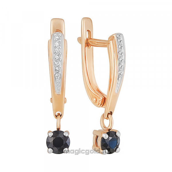 Золотые серьги с бриллиантом и сапфиром № 139636