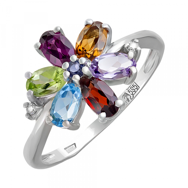 Золотое кольцо с бриллиантом и полудраг. вставками № 3002