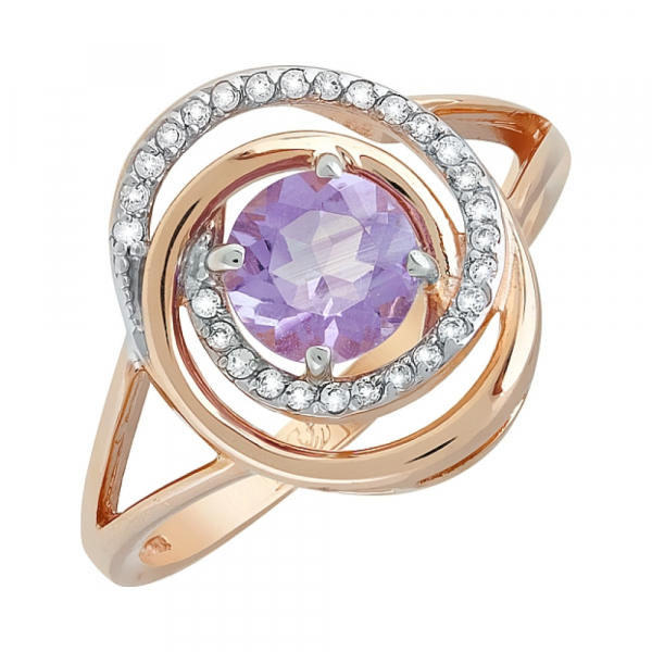 Золотое кольцо с аметистом и фианитом № 119389