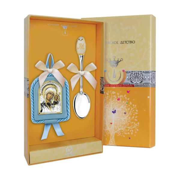 Набор детский Казанская Божья матерь: икона голубая, ложка с позолотой с М из серебра 925 пробы