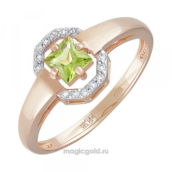 Золотое кольцо с хризолитом и фианитом № 141387