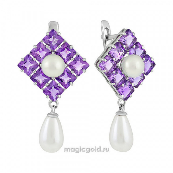 Серебряные серьги с аметистом, жемчугом и перламутровым жемчугом № 134770